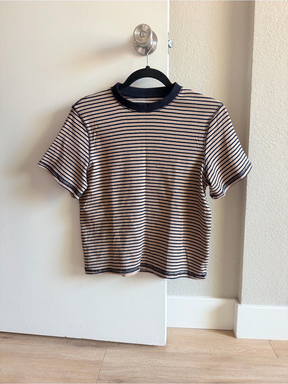 Korean Striped Short Sleeve Crop Tee in Beige and Black